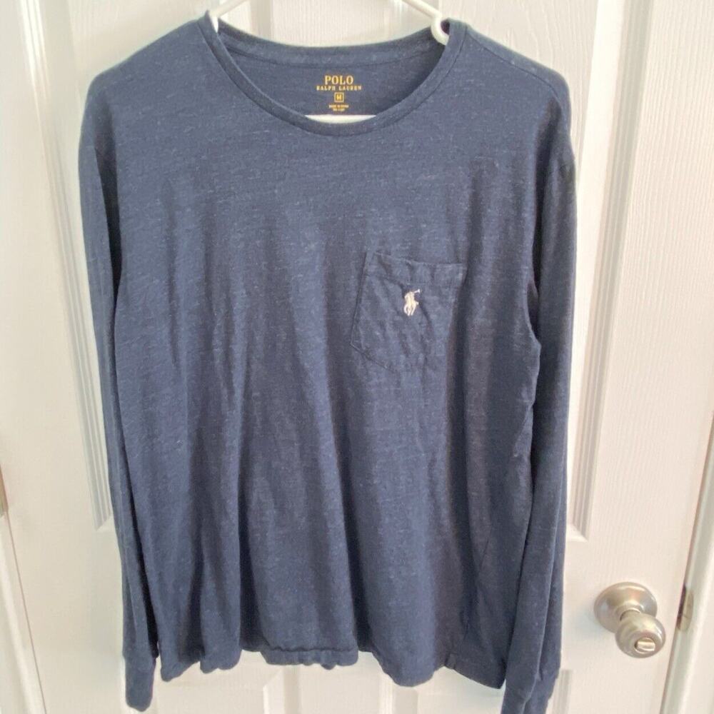 Polo Ralph Lauren Shirt Mens Medium Navy Blue Long Sleeve Crew Neck White Pony